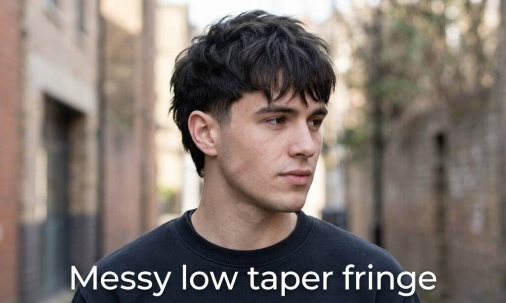Messy low taper fringe